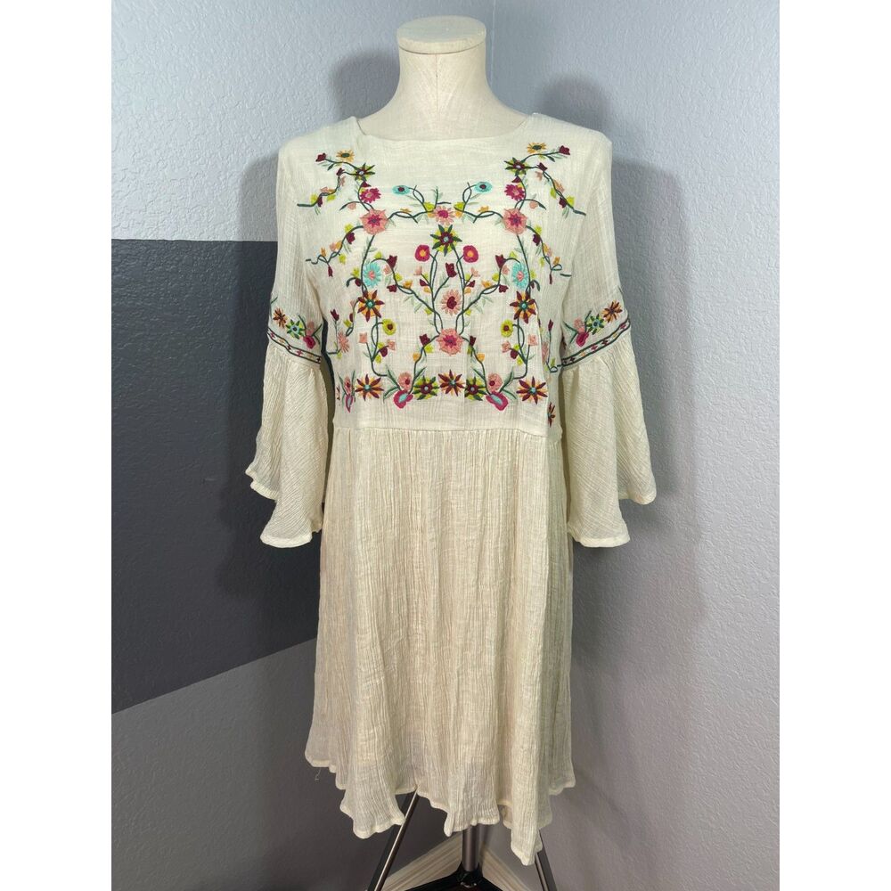 Altar'd State Embroidered Floral Bell Sleeve Boho Dress Small Cream Cottagecore